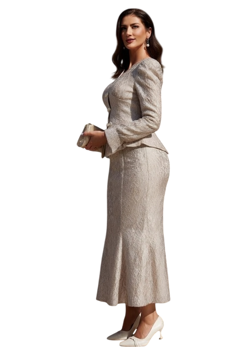 Avawil curvy woman in beige modest lace peplum dress side view with elegant fit